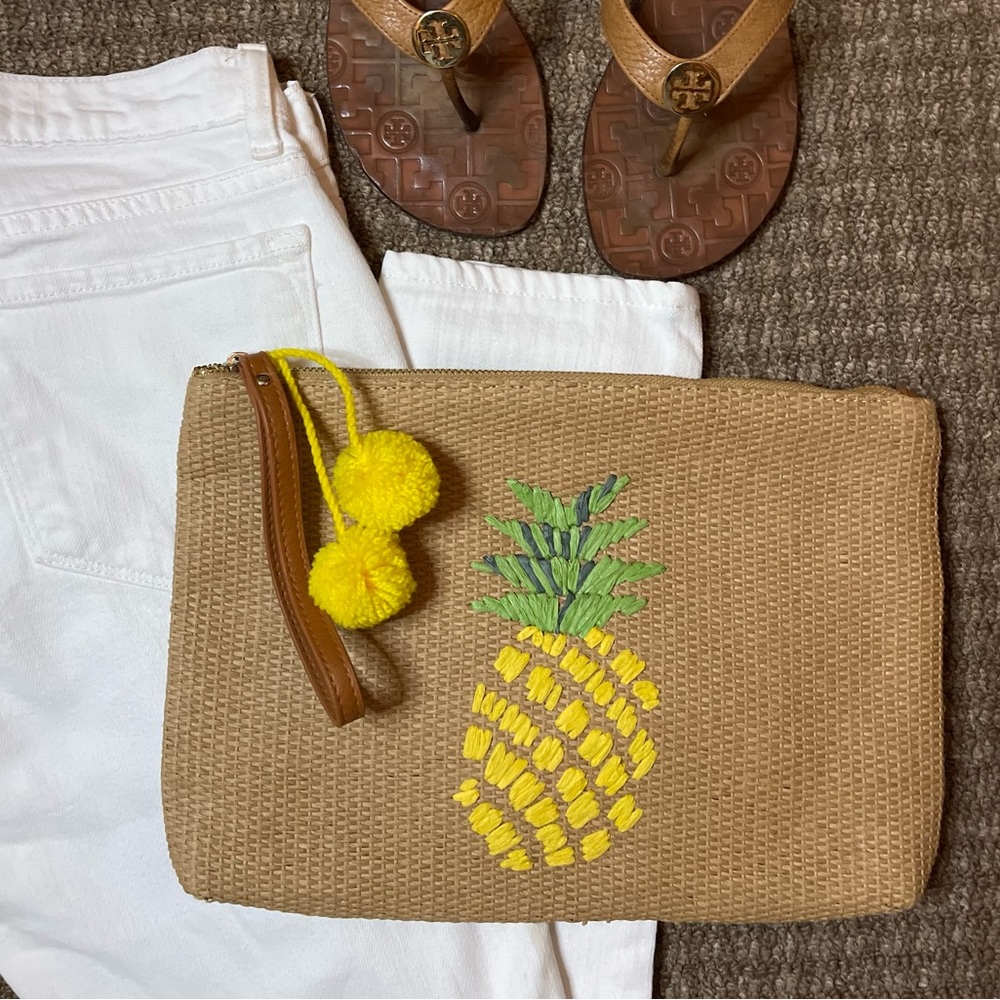 Unique woven straw clutch with Pineapple and yellow pompom details